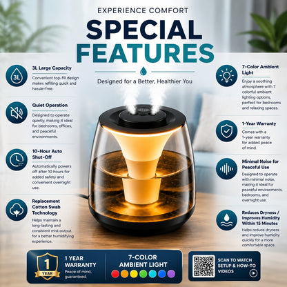 PURIFIT Smart Humidifier 3L – 3 Mist Modes & 7 Ambient Lights