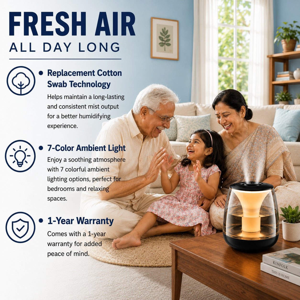 PURIFIT Smart Humidifier 3L – 3 Mist Modes & 7 Ambient Lights
