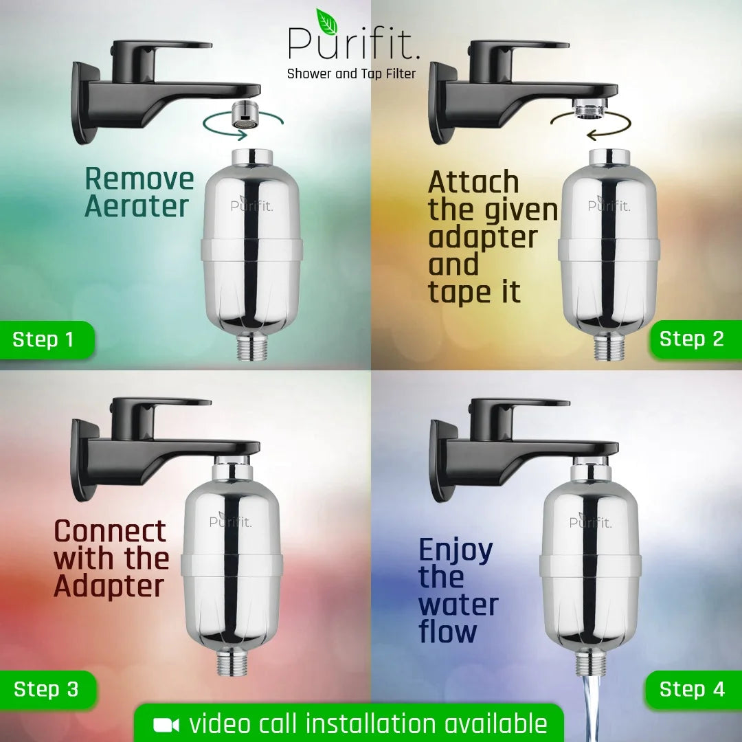 Purifit Shower and Tap Filter for Hard Water | Water Softener | Reduce Hair Fall | Silver Finish